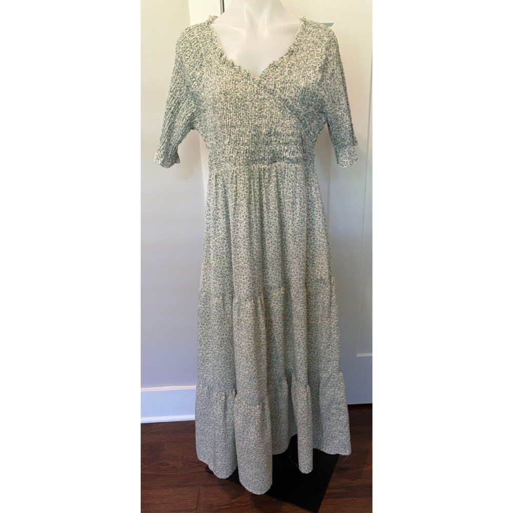 POLAGRAM Womens DRESS Short Sleeve GREEN Ivory FLORAL Smocked Size L